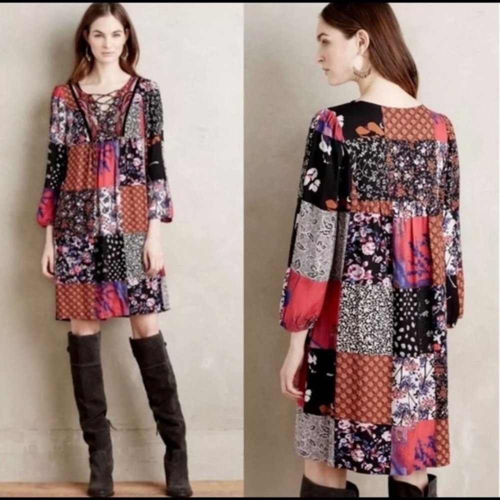 Anthropologie Dress One September Arcata Boho Patchwork Multicolor Shift Rayon